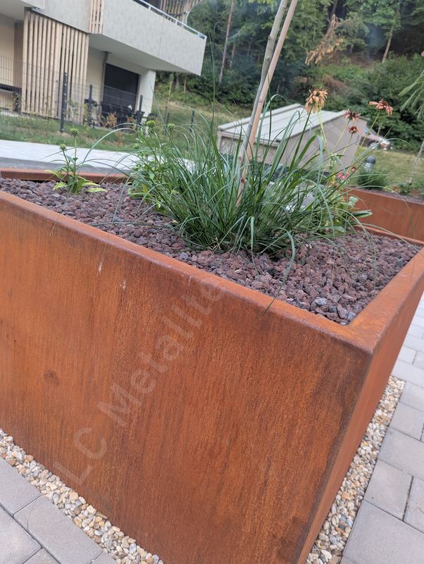 Pflanztrog aus Cortenstahl mit Edelrost-Patina, bepflanzt mit Gr&auml;sern auf Lavamulch