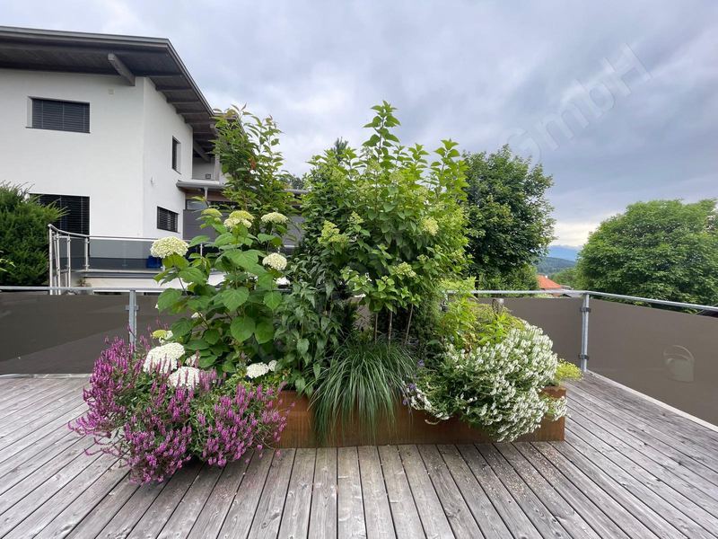 Bepflanzter Cortenstahl-Pflanztrog als Sichtschutz auf einer Holzterrasse